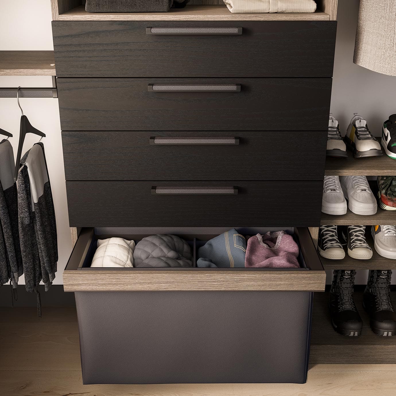 Custom built in drawers for reach in closet center divided custom made by California Closets
